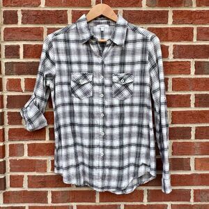 Marisol Flannel Shirt Womens Large Gray Plaid Long Roll Tab Sleeves